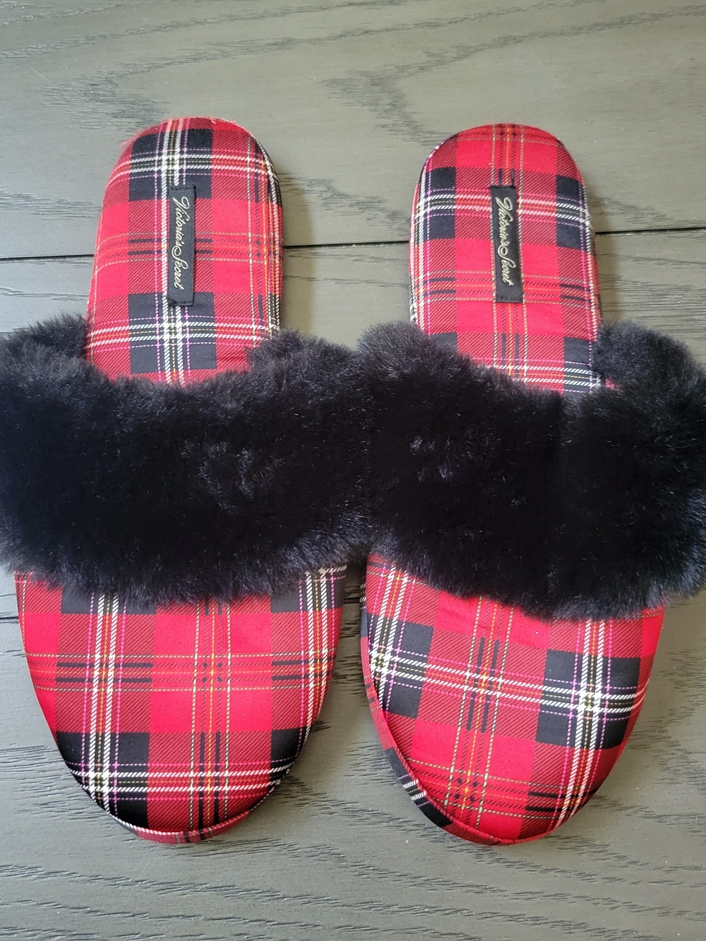 Victoria's Secret Red Plaid Slide Slippers with Black Faux Fur